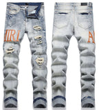 High Street Stretch Embroidery Men’s Jeans Ripped Streetwear Jeans Punk Style Pants for Man Slim Fashion Small Feet Men's Jeans