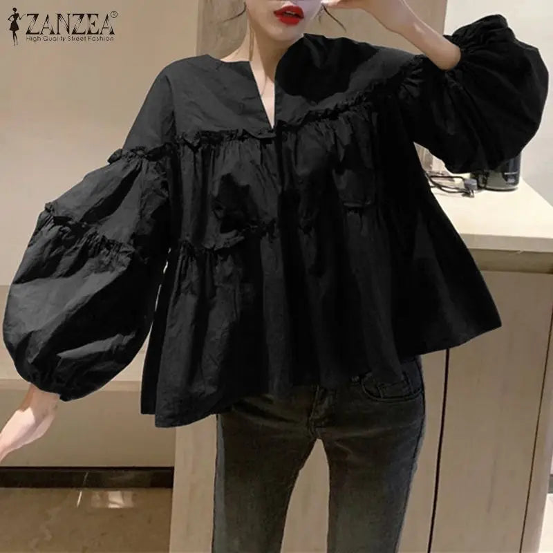 Fashion Women Long Puff Sleeve Blouse Autumn Spring Elegant Shirt Ruffles Blusas Femininas Mujer Party Work Tops Tunic