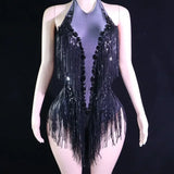 Sparkly Rhinestones Sequins Fringes Leotard Sexy Tassel Bodysuit One-piece Dance Costume Dancer Performance Show Stage Wear