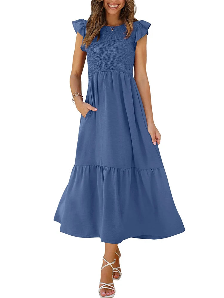 Women's Casual Summer Maxi Dresses with Pockets Short Ruffle Sleeve Smocked Tiered Long Dress Beach Sundress Basic Solid 2024