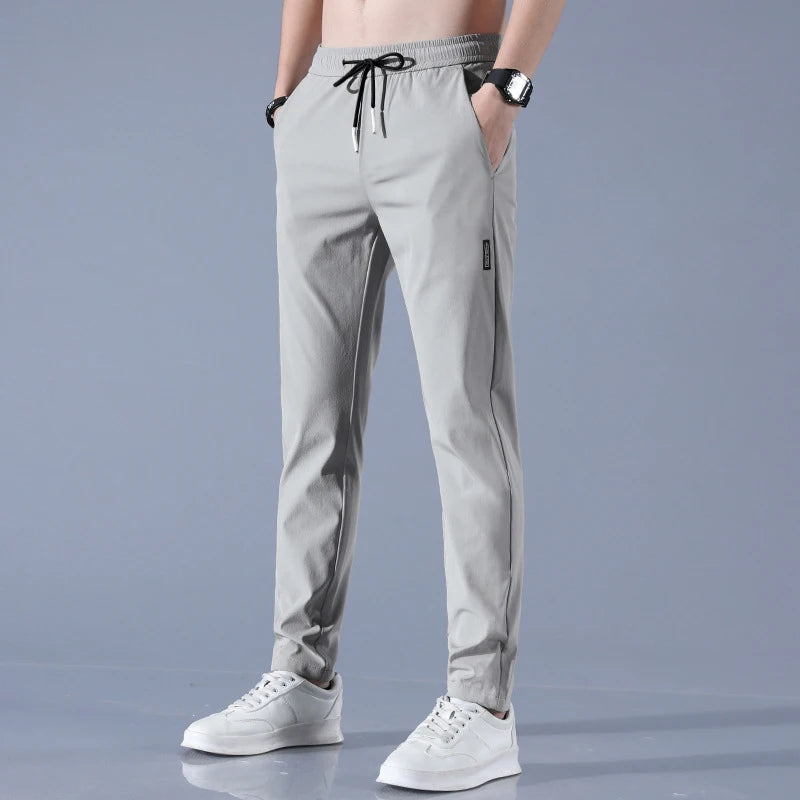 Ice Silk Men's Pants Summer New Black Gray Thin Business Casual Pants Outdoor Elastic Breathable Straight Leg Sweatpants