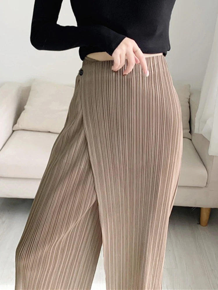 Women Pleated Solid Color Ankle-length Pants Elastic Waist Wide Leg Straight Female Trouser Loose Summer