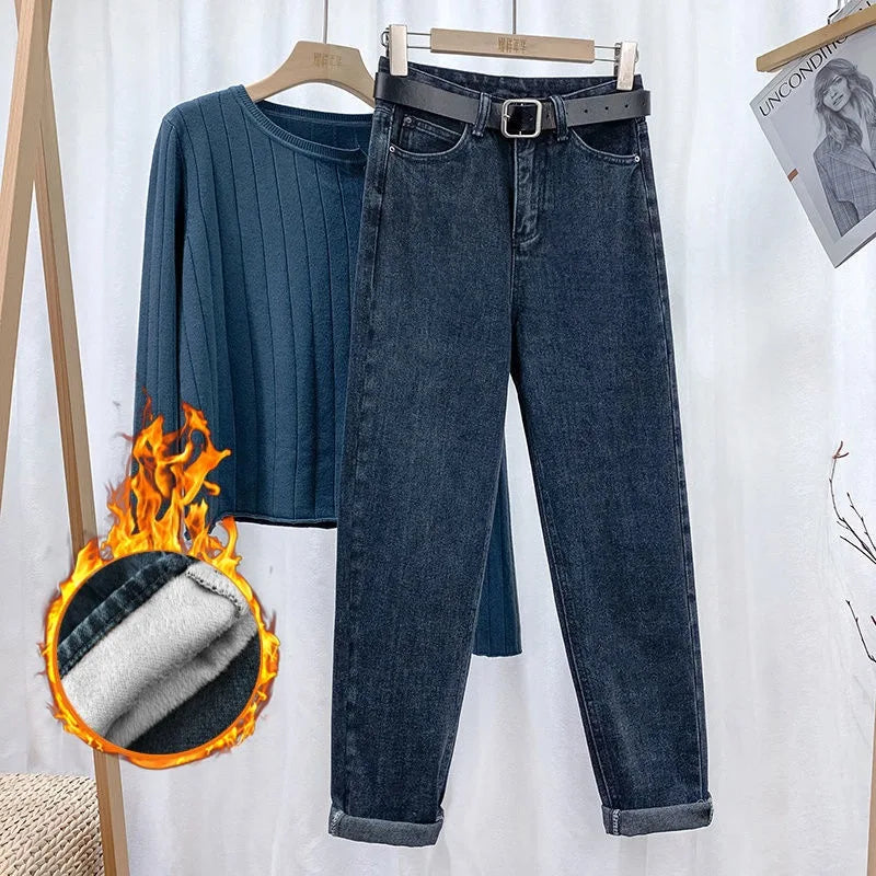 High-waisted Fleece-lined Thickened Denim Jeans For Women Autumn/winter Outer Wear Straight-leg Dad Jeans