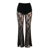 Y2K Gothic Black Lace Mesh Flared Pants Sexy Harajuku Aesthetic See Through Long Trousers Vintage Women Summer Pants Streetwear