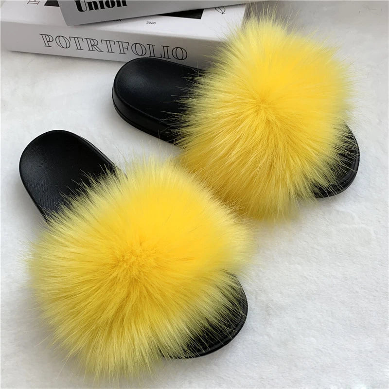 Summer Faux Fur Slippers Women Indoor Furry Fur Slides Female Plush Flip Flops Flats Sandals Casual Fluffy Slipper House Shoes