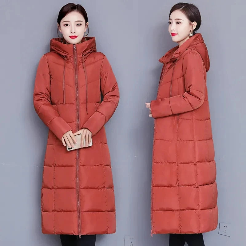 Winter 2024 New Down Cotton-Padded Jacket Long Loose Fashion Coat Thickened Outerwear Warm Zipper Hooded  Solid Color Overcoat