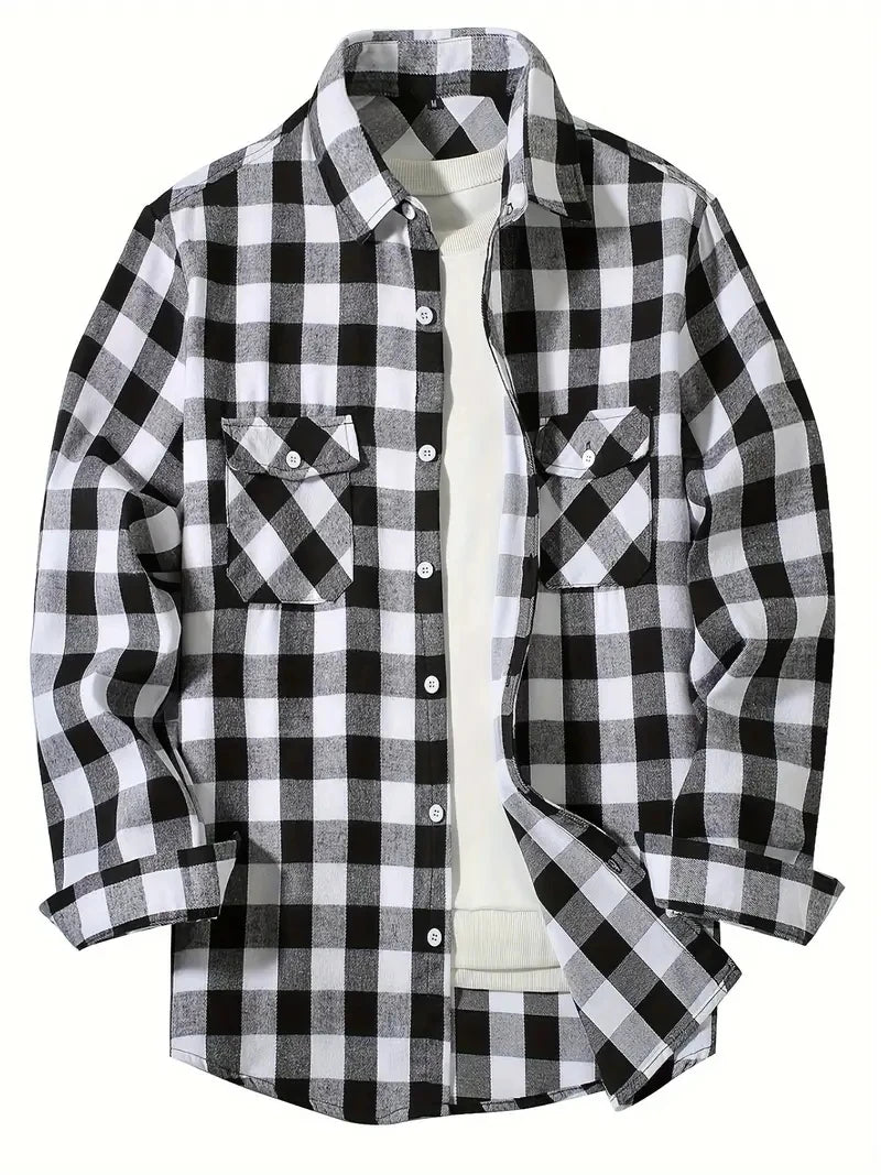 Men's Shirts Button-Up Classic Plaid Smart Casual Flannel Shirt Long Sleeved Chest Two Pockets Design Spring Autumn Men Tops