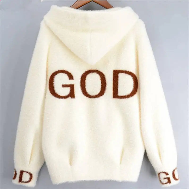 Winter gold letter imitation mink fur sweater cardigan jacket winter clothes women short thick and loose hooded jacket coat