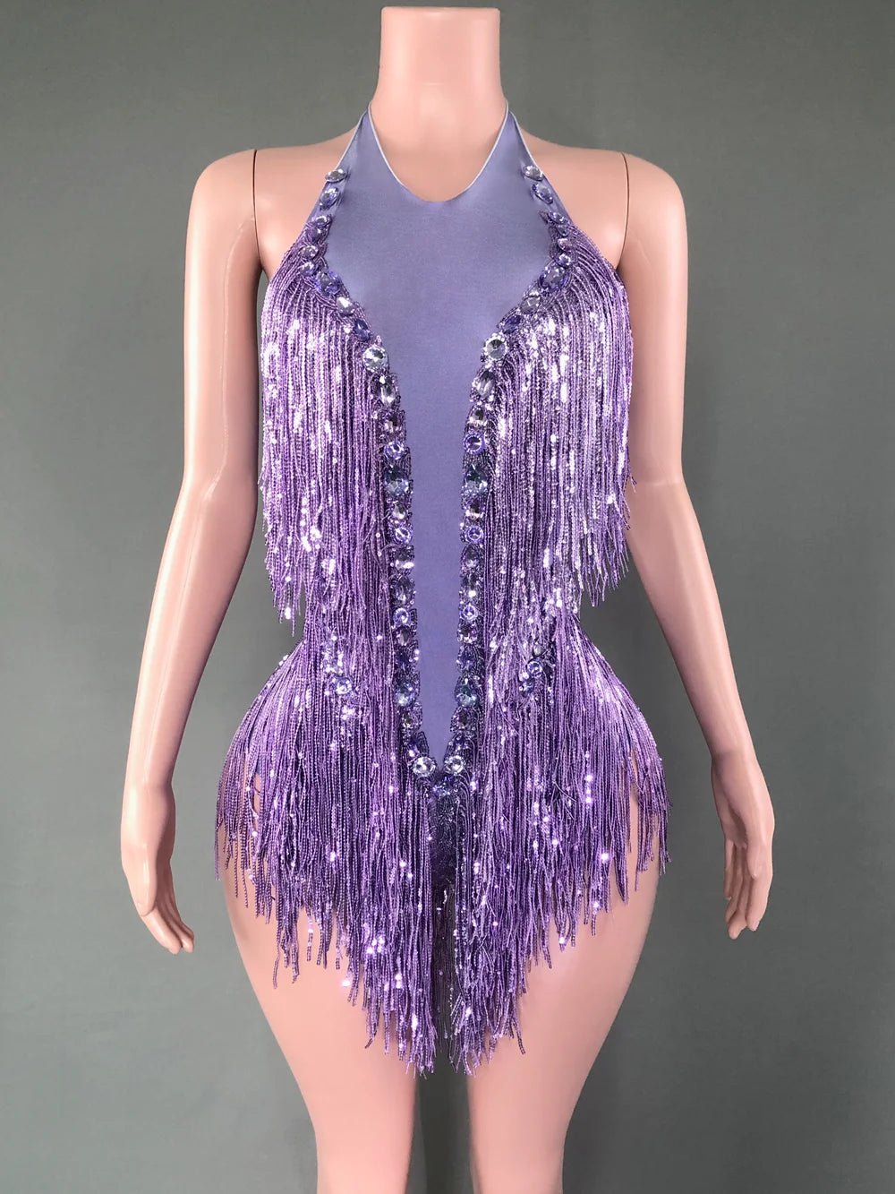 Sparkly Rhinestones Sequins Fringes Leotard Sexy Tassel Bodysuit One-piece Dance Costume Dancer Performance Show Stage Wear