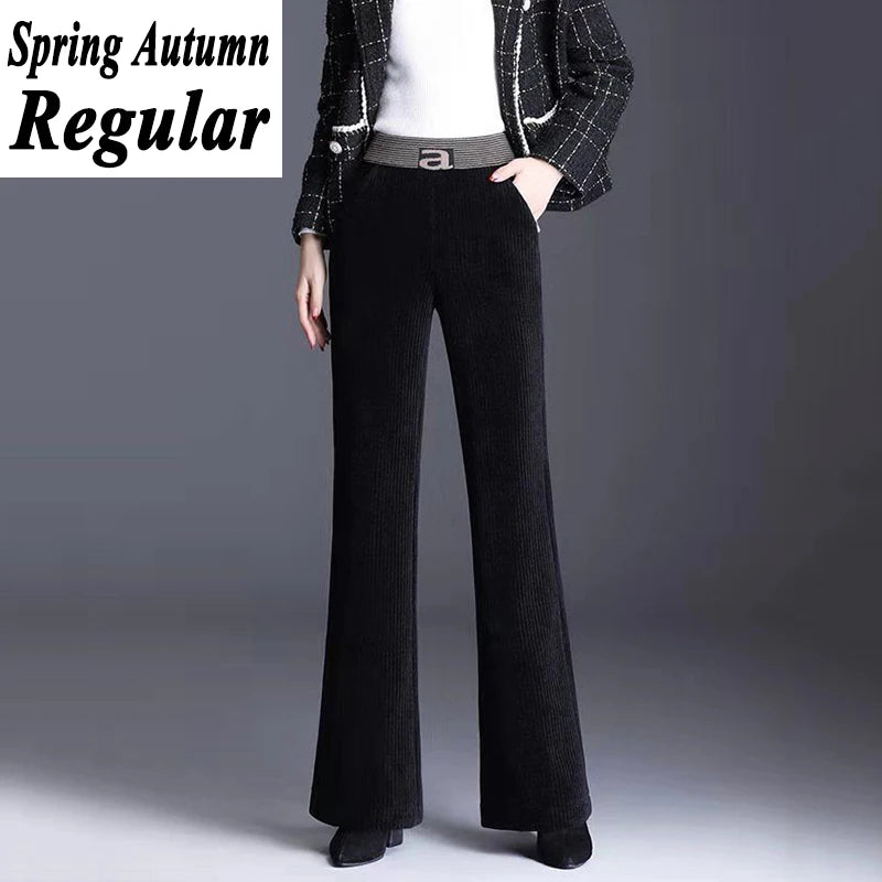 Rimocy Elastic Waist Corduroy Pants Women Autumn Winter Straight Velvet Pants Woman  Pocket Loose Casual Trousers Ladies