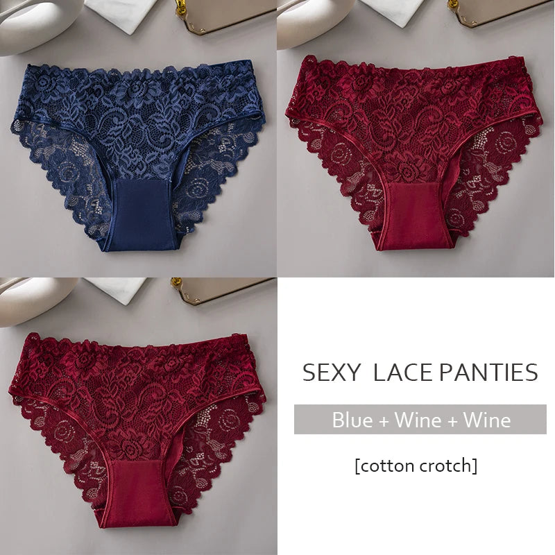 3PCS/Set Luxury Floral Embroidery Lace Panties Women Briefs Sexy Hollow Lingerie Female Underwear Ladies Breathable Underpants