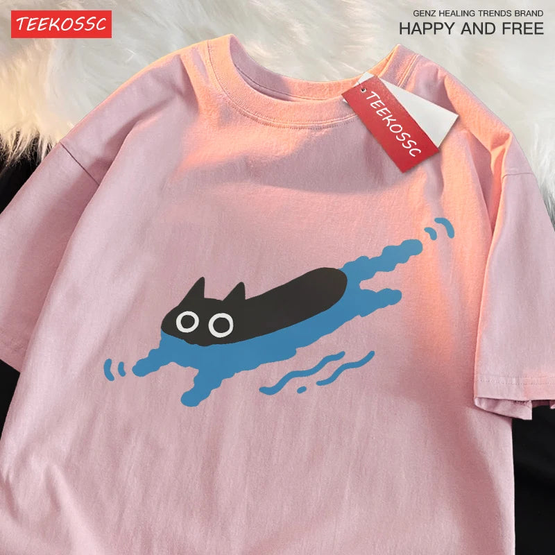 Couple Tees Swimming Black Cat Diving Shoulder Short Sleeved T-shirt For Men Women Breathable Casual Pure Cotton Loose Tops