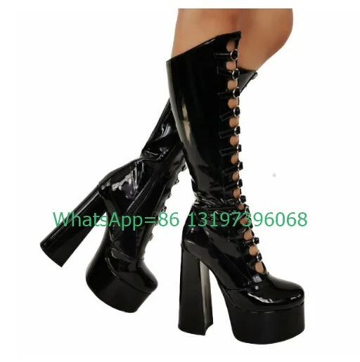 Thick Sole Black Hollow Calf Boots Side Zipper Rough Square Heel Pole Dance Shoes Super Heel Sexy Boots Large Size Footwear