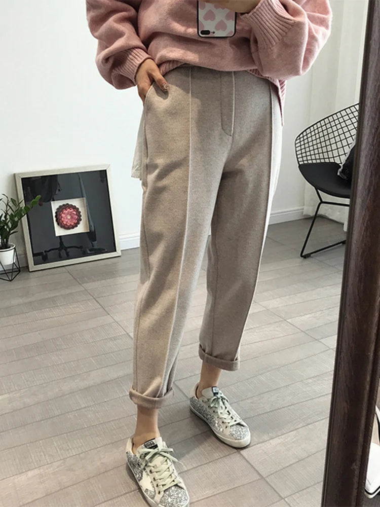 Winter Thicken Women Pencil Pants  Wool Pants Female Autumn High Waist Loose Trousers Capris Good Fabric