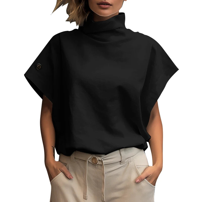 Women Fashion OL Work Shirt  Summer Elegant Turtleneck Short Sleeve Blouse Casual Loose Office Tops Party Blusas