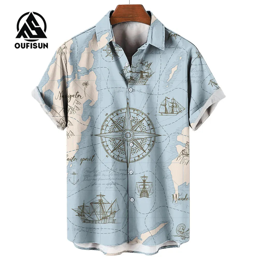 Men's Short Sleeve Shirt Summer Fashion Nautical Compass Anchor Printed Tops Men's Casual Loose Shirts