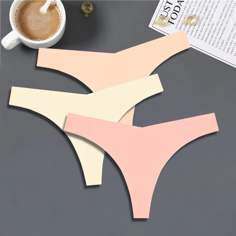 FINETOO 3PCS Women Ice Silk Seamless Underpants Panties Sexy V-Waist Sport Thongs Low Rise 10 Soild Colours Breathable G-string