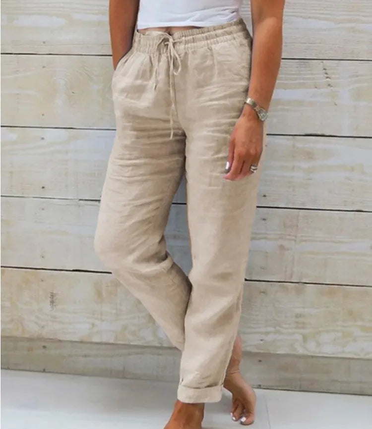 Cotton Linen Summer Pants for Women High Waist Elastic Casual Trousers Streetwear Solid Female Clothes Loose Pencil Pants