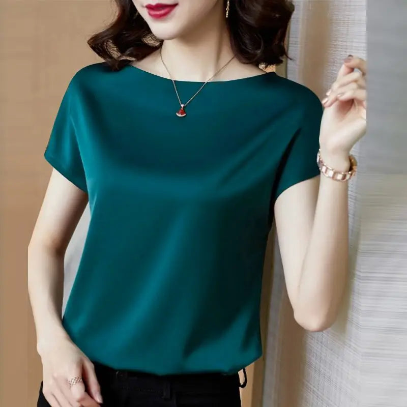 Summer Fashion Blouse Elegant Short Sleeve Satin Shirt Women Stylish OL Work Shirt Female Party Blusas Tunic Chemise