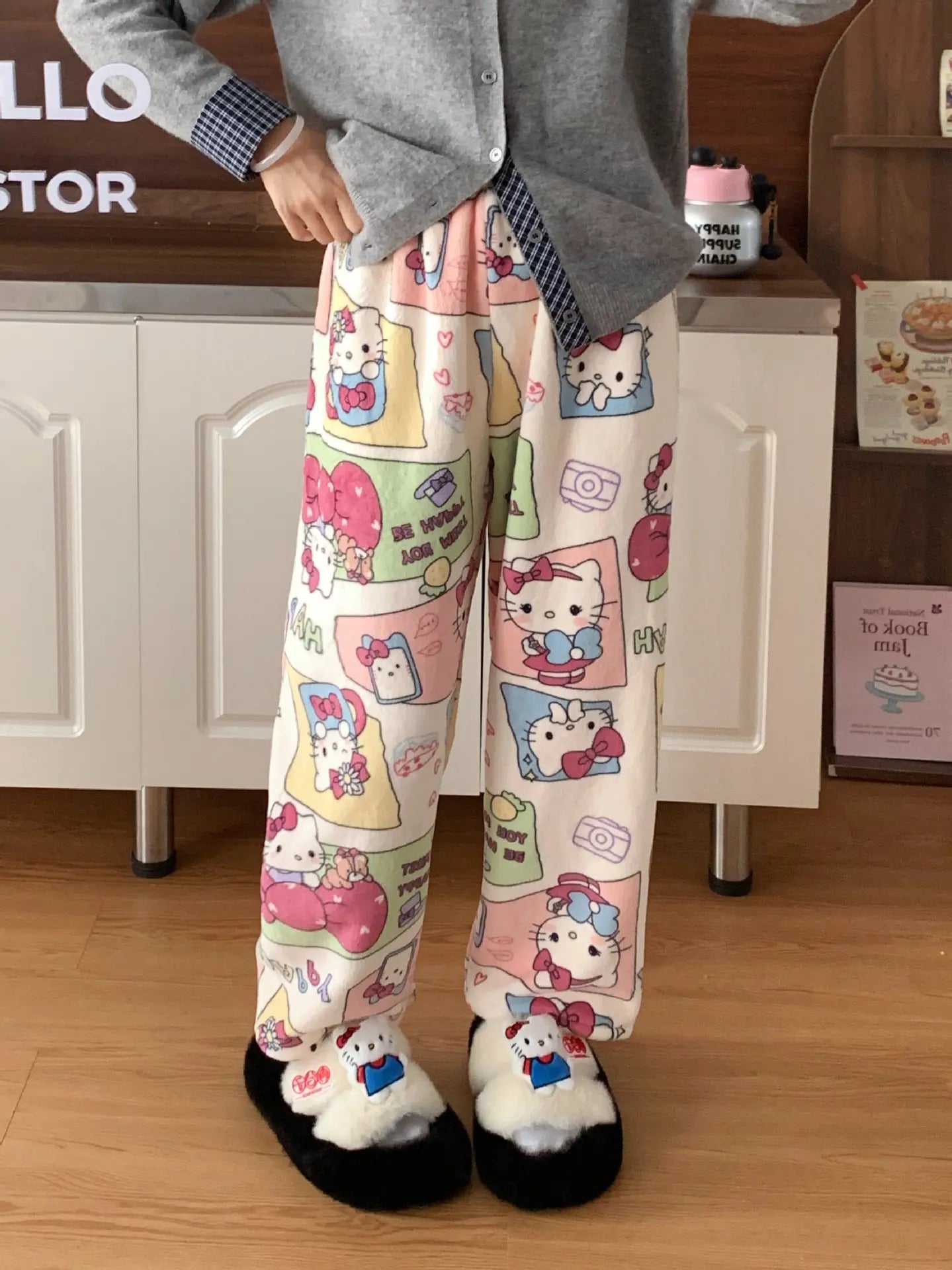 Sanrio Hello Kitty Pajamas Flannel Fashion Trousers Kawaii  Women Casual Home Pants Cartoon Warm Comfortable Pants