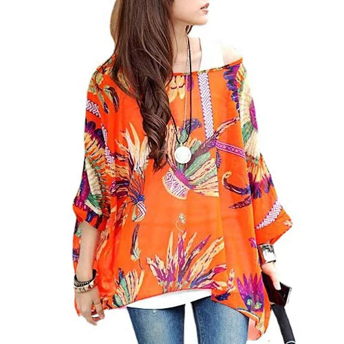 4XL 5XL 6XL Plus Size Blouse Shirt Women New Striped Print Summer Tops Tees Batwing Sleeve Casual Chiffon Blouses