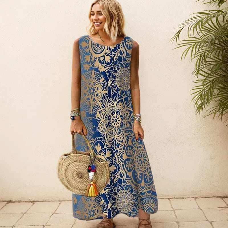 Elegant Printed O-Neck Sleeveless Women Dress Fashion Summer Loose Casual Beach Long Dresses Ladies Boho Maxi Dress Vestidos