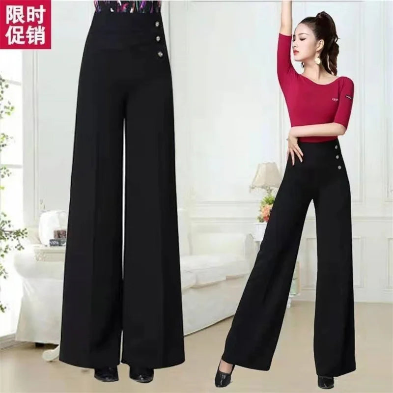 Spring and Summer Dance Pants Latin Dance Drape Thin High Waist Pants National Standard Dance Zipper Wide-leg Pants Square Dance