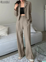 Elegant Blazer Suits Solid Fashion Matching Sets Long Sleeve Tops Wide Leg Pants Vintage Casual Tracksuit Work Suit