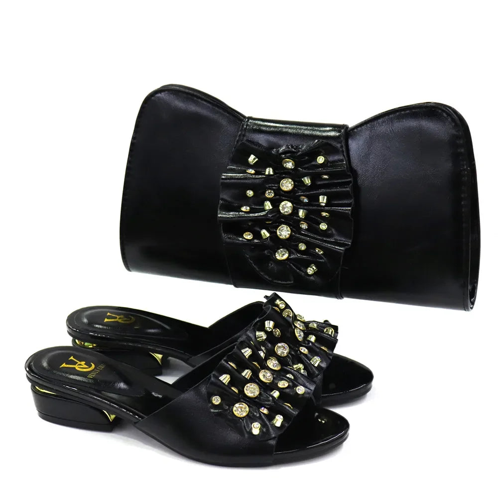 Latest Italian Design Fashion African Women's Low Heel Comfortable Shoes and Bags Set Leather Casual Ladies Slippers