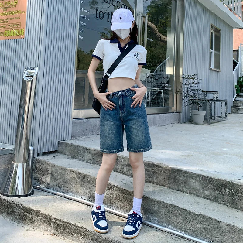 ZOENOVA Belted Shorts Jeans Women Baggy Y2K Fashion Straight Vintage Streetwear Denim Summer Loose Femme Denim Short Pants