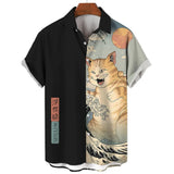 Fashion Men's Clothing Cool Samurai Cat Tops Summer New Men's Clothing Casual Short-Sleeved Anime Loose Blouse Hawaiian Shirts