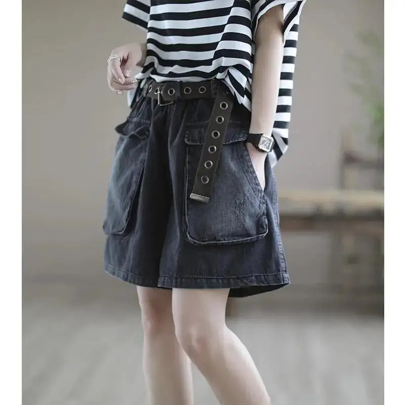 Women's Elastic Waist Sashes Solid Denim Shorts Summer New Korean Casual Fashion All-match Loose Pockets Wide Leg Trouser Skirts