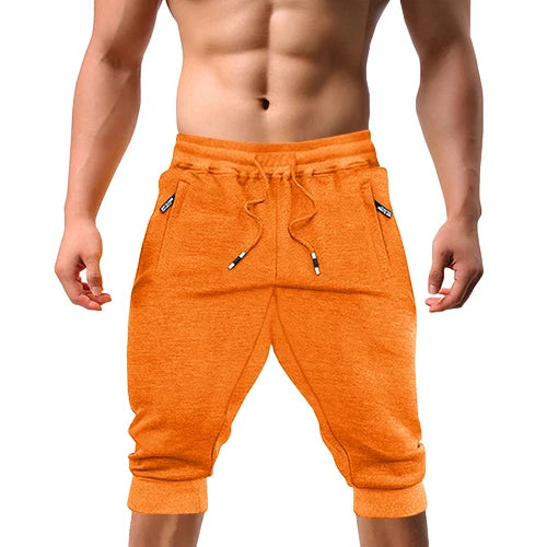 Casual Shorts 3/4 Jogger Capri Pants Men's Breathable Below Knee Outdoor Sports Gym Fitness Shorts with Zipper Pockets