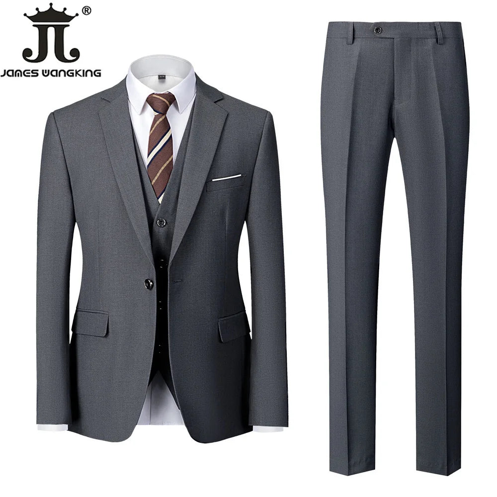 ( Jacket + Vest + Pants ) Boutique Solid Color Men's Official Business Suit Bride's Wedding Dress Party Male Suit