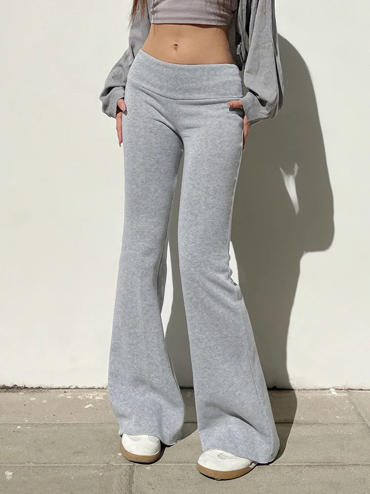 Gray Slim Low Waist Casual Sweatpants For Women Black Solid Simple Basic Flared Pants Sports Jogging Trousers