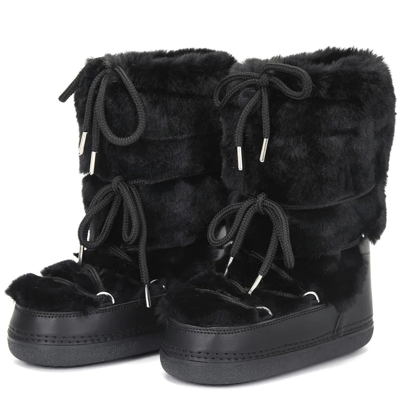 Winter Fur Boots Snow Boots Women Fluffy Fuzzy Furry Faux Fur Boots Middle Calf Platform Pink Black White Furry Boots