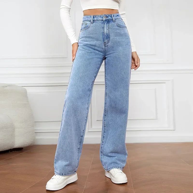 Denim Jeans Women Straight Pants Washing High Waist Loose Pockets Basics Ankle Length Y2k Blue Pants Streetwear Slight Strech