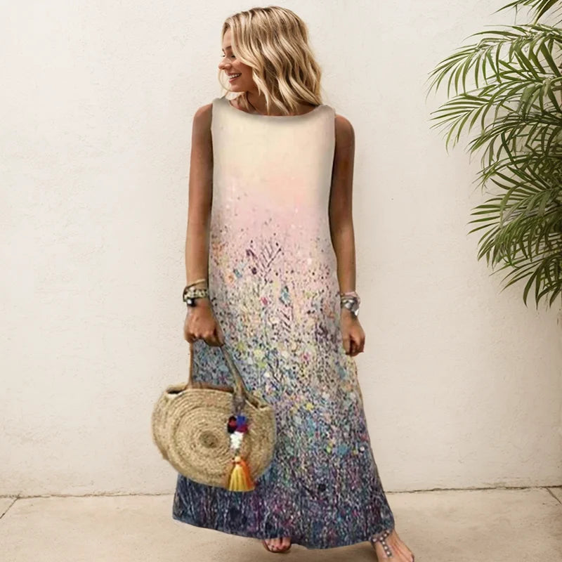 Elegant Printed O-Neck Sleeveless Women Dress Fashion Summer Loose Casual Beach Long Dresses Ladies Boho Maxi Dress Vestidos