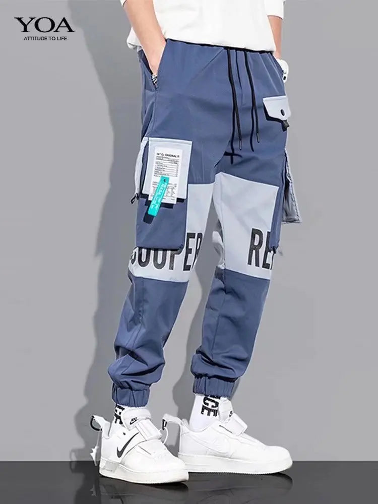 Men's Cargo Pants Casual Hip Hop Hit Color Multiple Pockets Trousers Streetwear Ribbons Techwear Sweatpants