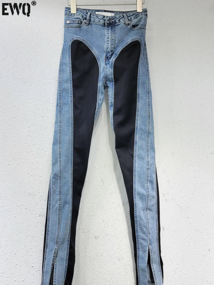 [EWQ] Women Streetwear Splice Jeans Autumn New Tide Female Fashion Patchwork Contrast High Waist Split Denim Pencil Pants