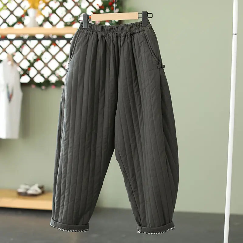 Winter Warm Clip Cotton Thickened Retro Down Cotton Pants for Women's Outwear Elastic Waist Loose Relaxed Pants