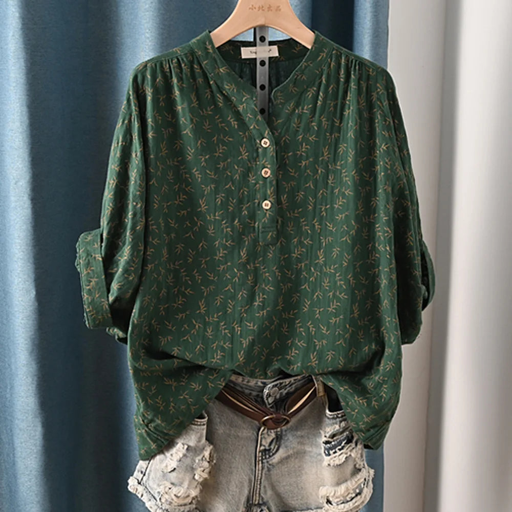 New Spring 100% Cotton Casual Shirt Women Batwing Sleeve Stand Collar Printed Top Girl OL Loose Blouses