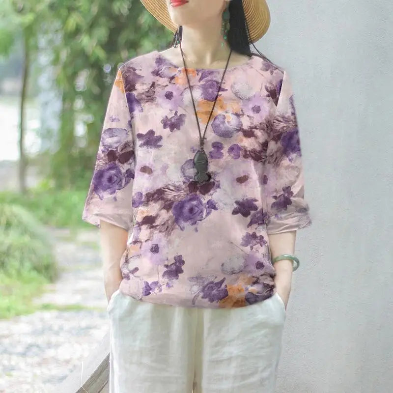 Women Cotton Linen Blouses Summer Bohemian Floral Printed Blusas Fashion 3/4 Sleeve O-Neck Top Casual Loose Shirts