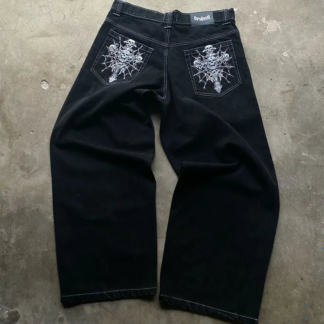 Y2K trendy retro classic pocket skull pattern straight denim trousers summer American Gothic washed wide-leg denim loose pants