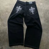 Y2K trendy retro classic pocket skull pattern straight denim trousers summer American Gothic washed wide-leg denim loose pants