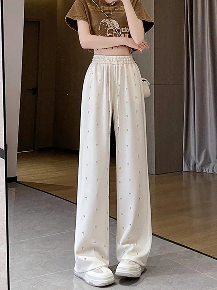 Heavy Industry Hot Diamond Wide Leg Pants for Women's Spring New Casual High Waist Loose Straight Tube Drop Floor Dragging Pants