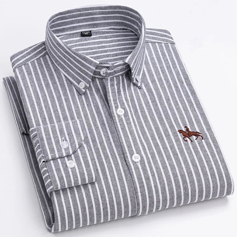 100% Cotton Oxford Shirt Men's Long Sleeve Embroidered Horse Casual Without Pocket