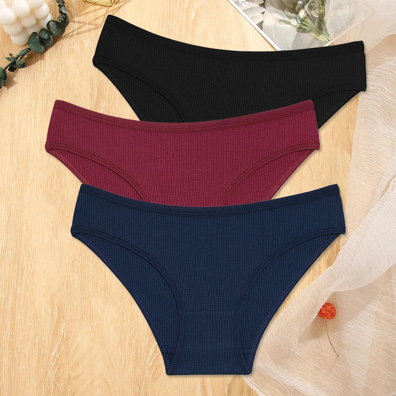 FINETOO 3Pcs/set Women Waffle Cotton Panties S-XL Women's Low-Rise Comfortable Briefs Female Soft Underwear Ladies Underpants