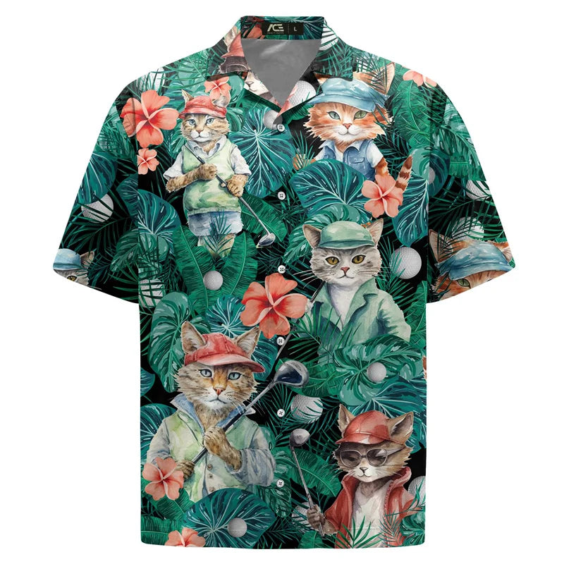 Animal Cat Raccoon Hawaiian Shirts Men 3D Print Dinosaur Pattern Shirt Button Lapel Short Sleeves Fashion Aloha Shirt Clothing