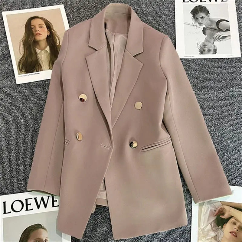 Solid Casual Coat Metal Buckle Small Suit Jacket Women Clothing Summer Double Breasted Office Lady Elegant Blazers Thin Autumn